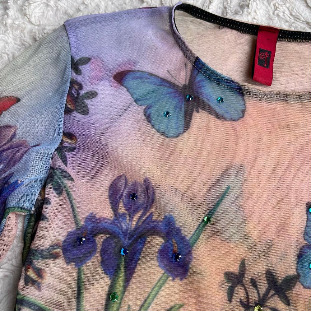 SOLD Just In Time USA floral butterfly mesh top vintage Y2K rhinestone beaded S - Picture 6 of 13